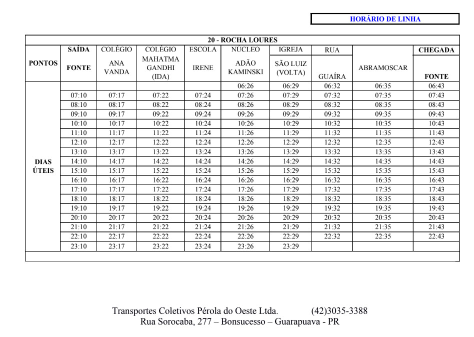 ALTERAÇÃO NOS HORÁRIOS DA LINHA 20 – ROCHA LOURES